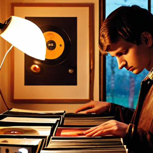 Home 15 **Image:** A young music producer in Poland browsing through vinyl records, illuminated by the warm glow of a lamp. Focus on the nostalgic feeling of discovering a sample from the 1970s. The scene should evoke the idea of bridging generations of artists through sampling. Include elements of Polish culture if possible (e.g., a poster of a Polish jazz musician in the background, a "Polskie Nagrania Muza" vinyl record).