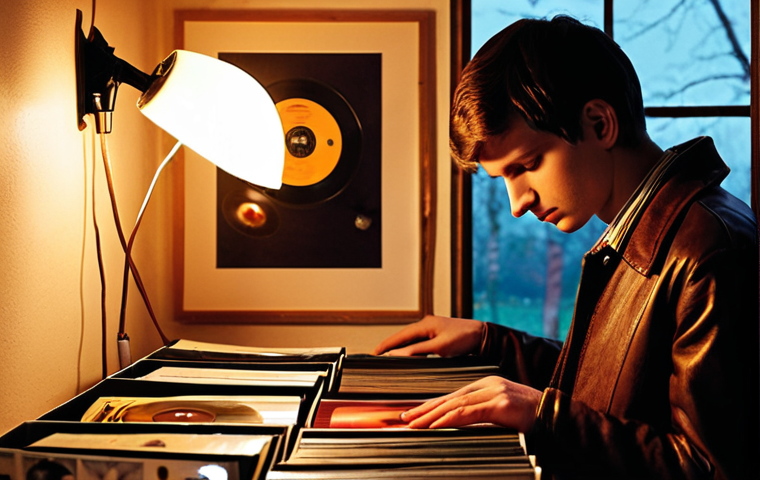 **Image:** A young music producer in Poland browsing through vinyl records, illuminated by the warm glow of a lamp. Focus on the nostalgic feeling of discovering a sample from the 1970s. The scene should evoke the idea of bridging generations of artists through sampling. Include elements of Polish culture if possible (e.g., a poster of a Polish jazz musician in the background, a "Polskie Nagrania Muza" vinyl record).