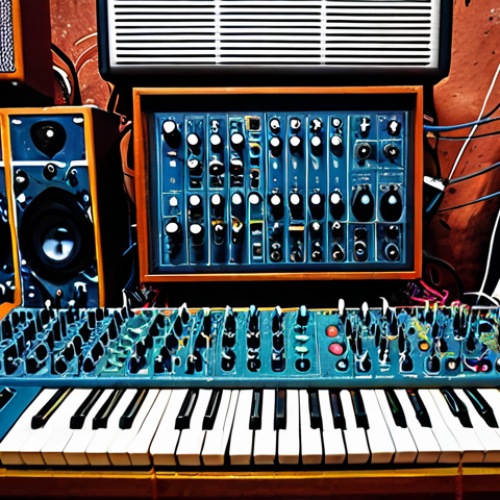 Home 14 **Image Prompt:** A chaotic modular synthesizer setup with patch cables running everywhere, connected to a microphone pointed at a rusty, old radiator. Abstract waveforms and audio visualisations overlay the scene. Focus on vibrant colors and a sense of organized chaos.