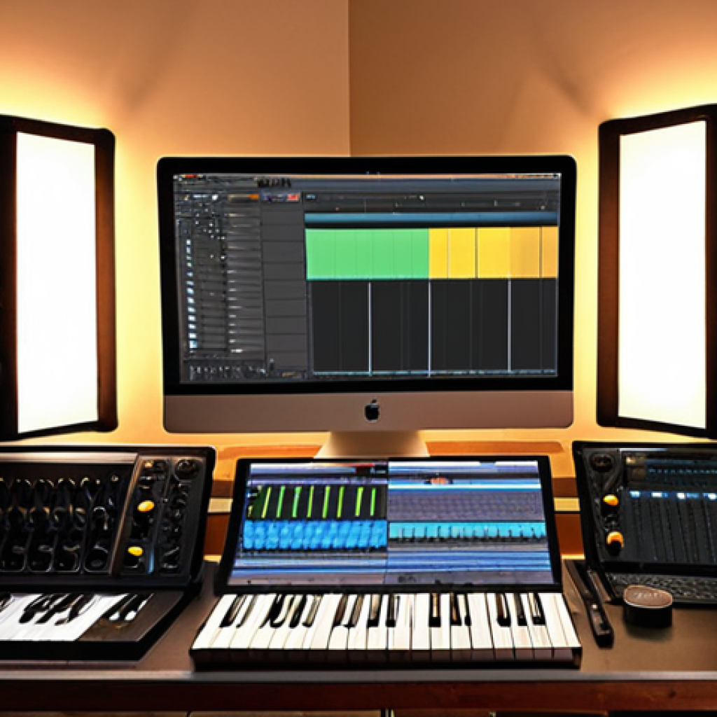 **

A cozy home studio setup. Acoustic panels on the walls, a microphone in front of a pop filter, and a computer screen displaying DAW software (Ableton Live, Logic Pro, Cubase, Pro Tools, or FL Studio - whichever is popular locally).  Include some soft lighting, maybe a houseplant. The overall feel should be inviting and focused on music creation.

**