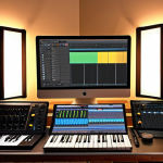 **

A cozy home studio setup. Acoustic panels on the walls, a microphone in front of a pop filter, and a computer screen displaying DAW software (Ableton Live, Logic Pro, Cubase, Pro Tools, or FL Studio - whichever is popular locally).  Include some soft lighting, maybe a houseplant. The overall feel should be inviting and focused on music creation.

**