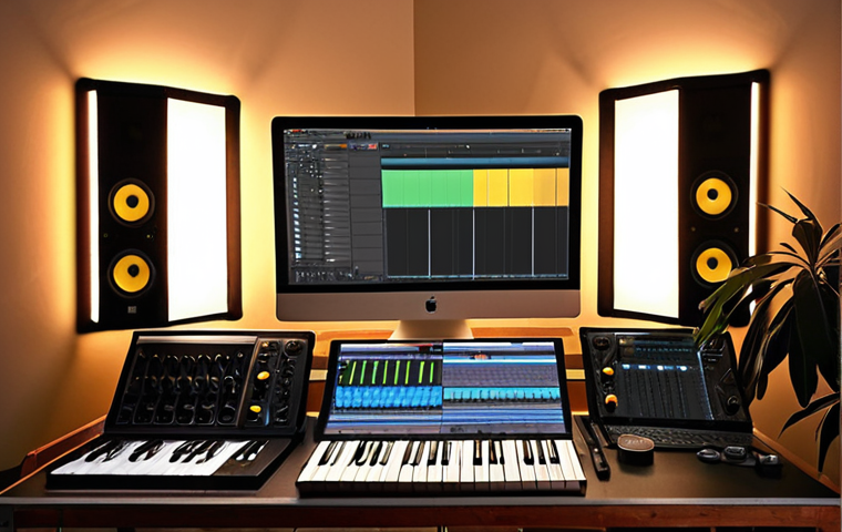 **

A cozy home studio setup. Acoustic panels on the walls, a microphone in front of a pop filter, and a computer screen displaying DAW software (Ableton Live, Logic Pro, Cubase, Pro Tools, or FL Studio - whichever is popular locally).  Include some soft lighting, maybe a houseplant. The overall feel should be inviting and focused on music creation.

**
